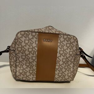 DKNY Beige and Tan Monogram Crossbody Messenger Bag